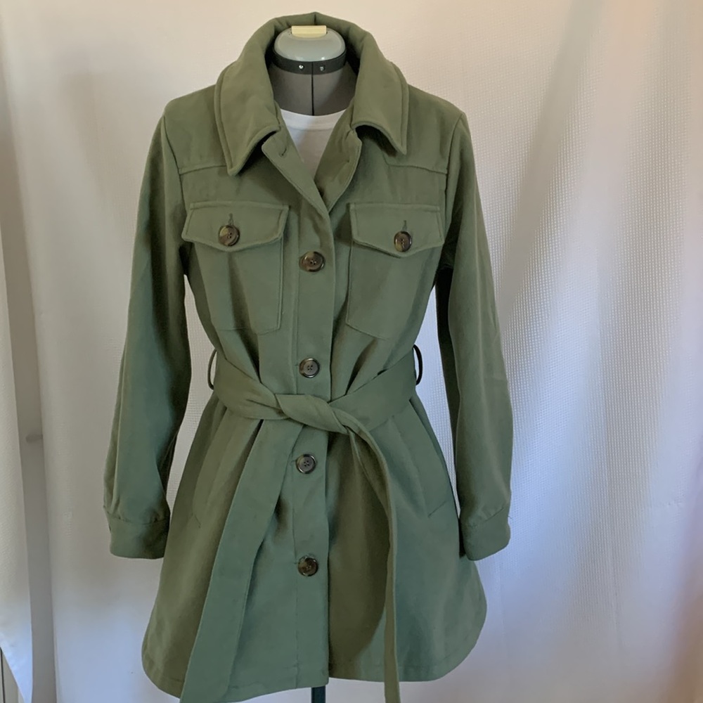 Women’s Steve Madden juniors belted shirt jacket pea coat moss green